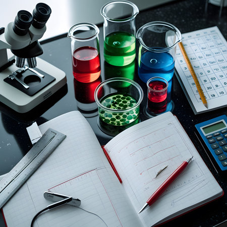Laboratory glassware containing chemical liquid, microscope, ruler, pencil, eraser and notebook on black tableの素材