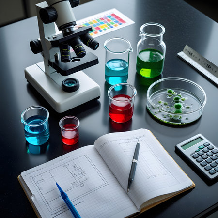 Science laboratory research and development concept. microscope, test tubes and notebook on black tableの素材