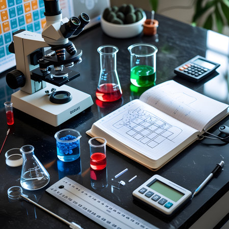 Laboratory glassware and microscope on table, science research and development conceptの素材