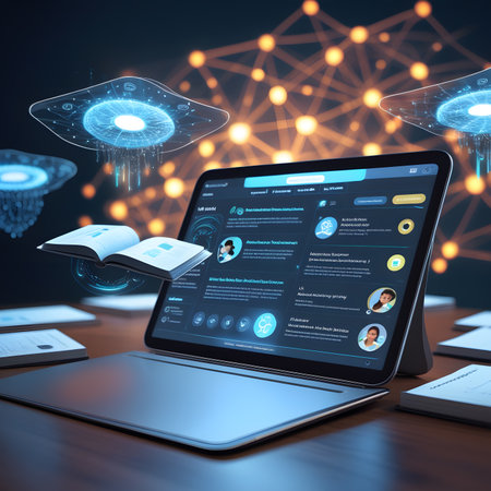 Highly rendering of a laptop on a desk in front of a network of connectionsの素材