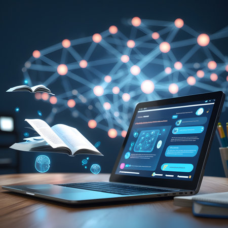 Digital composite of Laptop and book with a blue network interface on screenの素材