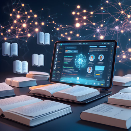 Laptop and books with digital interface on blue background 3D renderingの素材