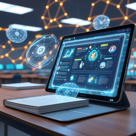 Laptop with abstract hologram screen on table in office 3D renderingの素材