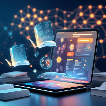 Laptop with books and mobile phone on blue background 3D renderingの素材