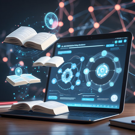 Laptop and books on a wooden desktop with a glowing screen. 3d renderingの素材