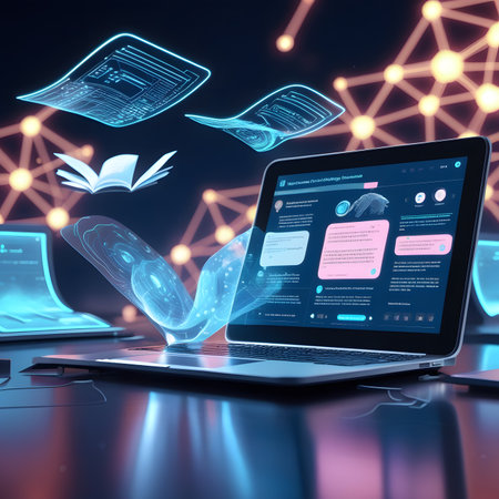 Laptop with user interface on dark background. 3D rendering.の素材