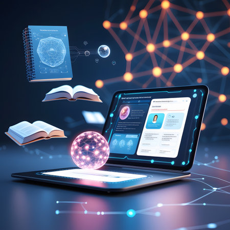 Laptop with digital interface and book on blue background 3D renderingの素材