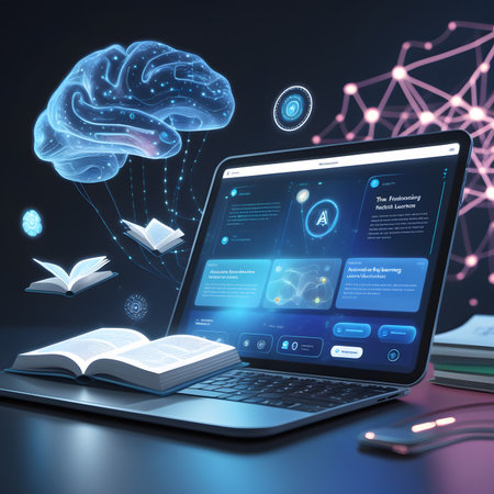 Laptop and human brain on blue background. 3d rendering.の素材