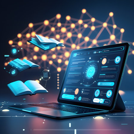 Laptop with digital interface and books on blue background. 3D renderingの素材
