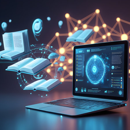 Laptop with digital interface and book. Education concept. 3D Renderingの素材