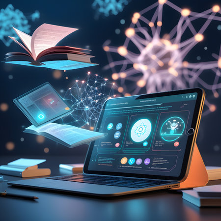 Laptop and books on dark blue background, 3D rendering.の素材