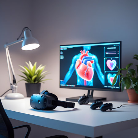 3d render of computer monitor with heart monitor, mouse and keyboardの素材