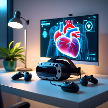 3d rendering of human heart and VR video game controller on tableの素材