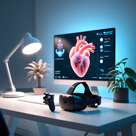3d illustration of human heart with virtual reality glasses in modern officeの素材