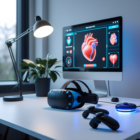 Virtual reality headset with human heart on desktop. 3d rendering.の素材