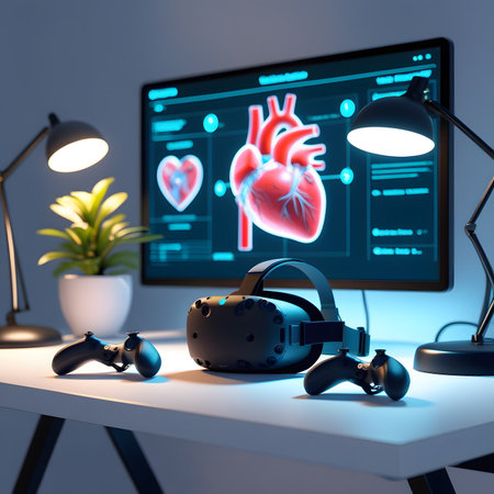 3d rendering of human heart and virtual reality headset on table in officeの素材