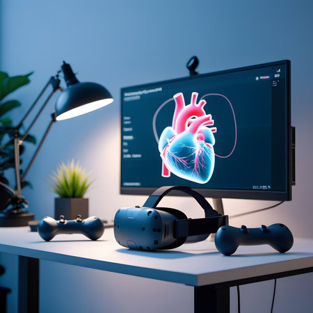 3d rendering of human heart with VR headset and controller on tableの素材
