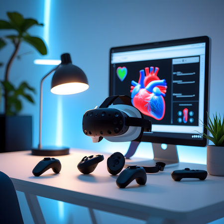 Virtual reality headset on table with computer screen. 3d illustration.の素材