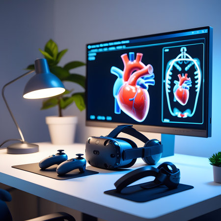 3d rendering of a medical workspace with a computer monitor showing a heart attackの素材