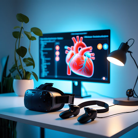 3d render of human heart with virtual reality glasses and computer monitorの素材