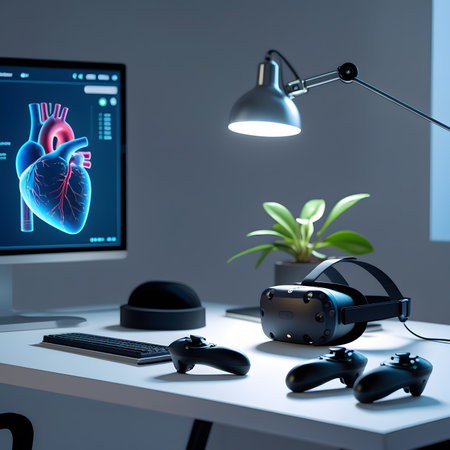3d rendering of a medical workspace with a computer and a human heartの素材