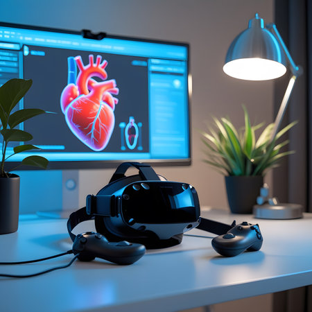 3d rendering of virtual reality goggles and a human heart on tableの素材