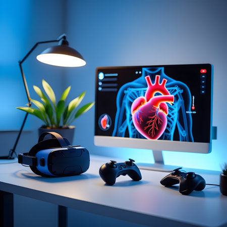 Virtual reality glasses and computer monitor with human heart. 3d renderingの素材