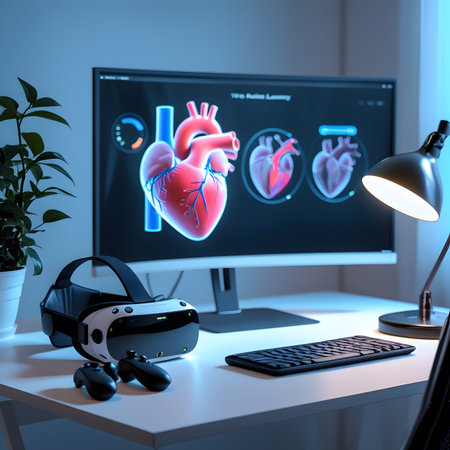 3d render of human heart with virtual reality goggles and computer on deskの素材