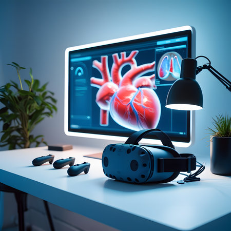 3d rendering of a medical office with a computer and human heartの素材