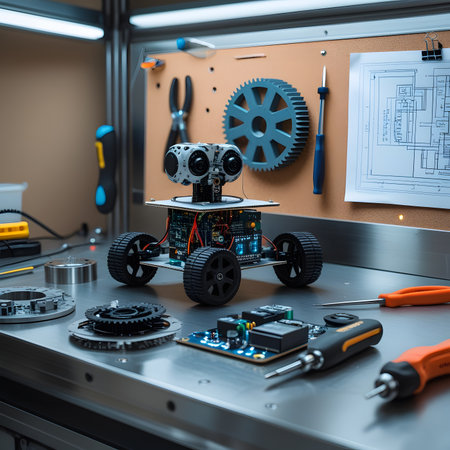 3d rendering robot and tools in the workshop. Technology background.の素材