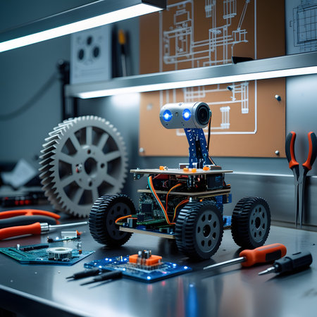 3d rendering of robot and circuit board with tools on table in factoryの素材