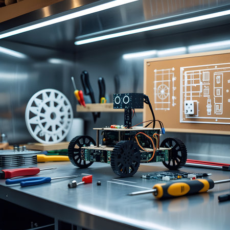 3d printed circuit board and tools on the table in the workshopの素材