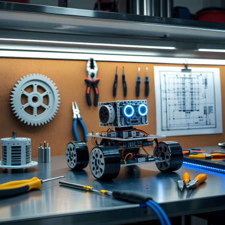3d rendering robot with screwdriver and gear on table in workshopの素材