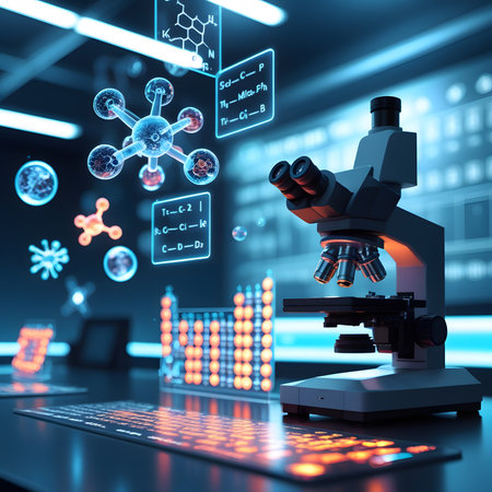 Microscope on the background of the scientific laboratory. 3d renderingの素材