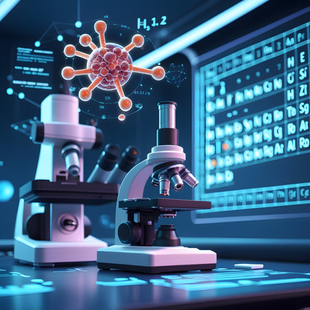 Microscope and virus on abstract technology background. 3d render conceptの素材