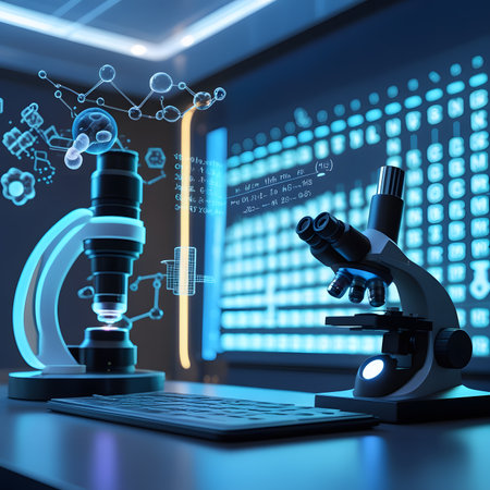 Microscope and microscope in the scientific laboratory. 3d rendering.の素材