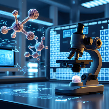 Microscope and molecule on the background of the stock market. 3d renderingの素材