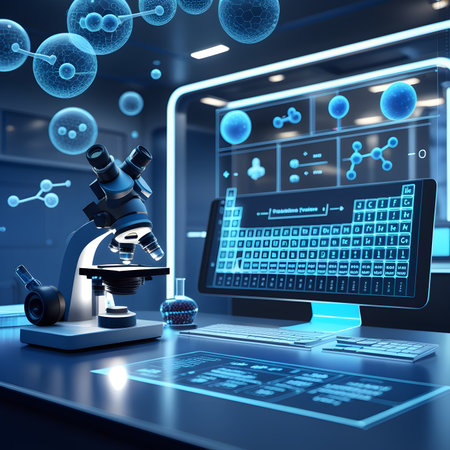 Microscope in modern laboratory, 3d render. Computer and science conceptの素材