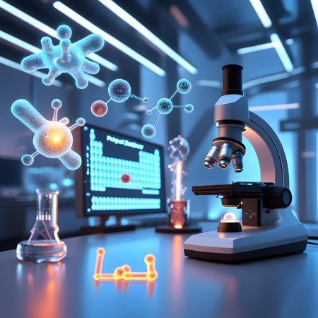 Microscope and virus in laboratory background. 3d render illustration.の素材