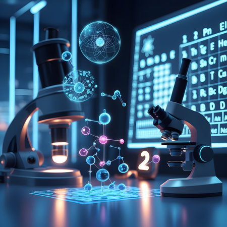 Microscope and chemical formula on a scientific background. 3d renderingの素材
