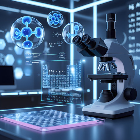 Microscope in laboratory with science icons on screen. 3d renderingの素材