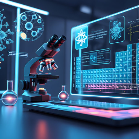 Microscope and test tubes on a scientific background. 3d renderingの素材