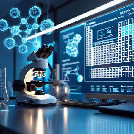 Microscope in scientific laboratory. Science and technology background. 3D renderingの素材