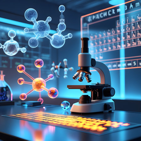 Microscope on table in laboratory. 3d rendering, science backgroundの素材