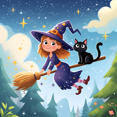 Cute witch and black cat flying on broomstick at night illustrationの素材