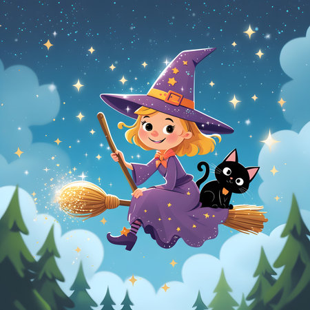 Cute witch flying on a broomstick with her black cat. Vector illustration.の素材