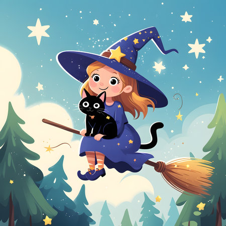 Cute little witch flying on broomstick with black cat. Vector illustration.の素材