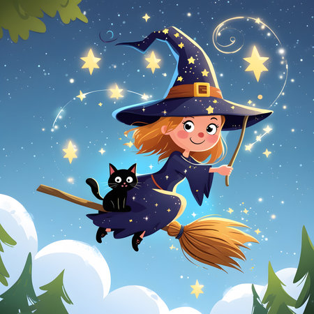 Cute girl in witch costume flying on broomstick with black catの素材