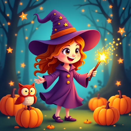Cute cartoon girl in witch costume with magic wand and owl in the forestの素材