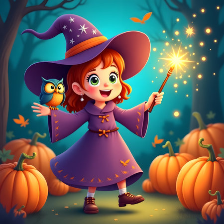 Vector illustration of Cute little girl in witch costume and hat with magic wand on Halloween backgroundの素材